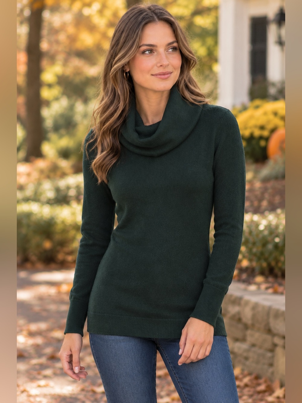 French Connection Dark Green Long Waisted Cowl-Neck Sweater
